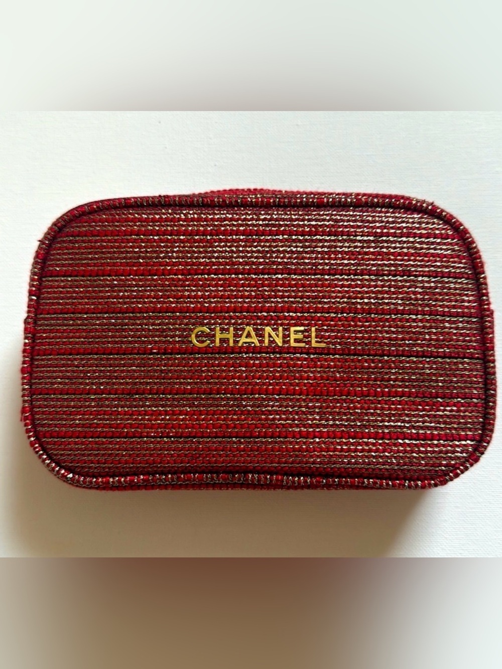 CHANEL Red and Gold Woven Cosmetic Pouch